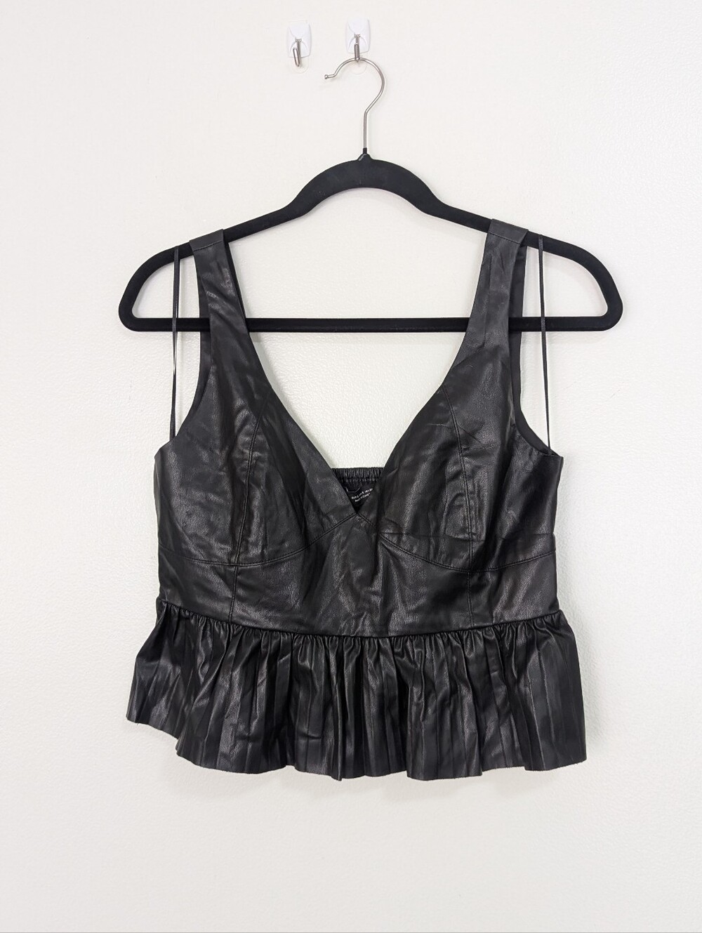 Zara Black Faux Leather V-Neck Pleated Peplum Top Size Small